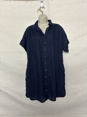 J. Crew Linen Dress Large Petite Blue Pockets Button Up Aline
